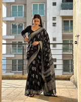 Black Hand Block Printed Lilen Saree