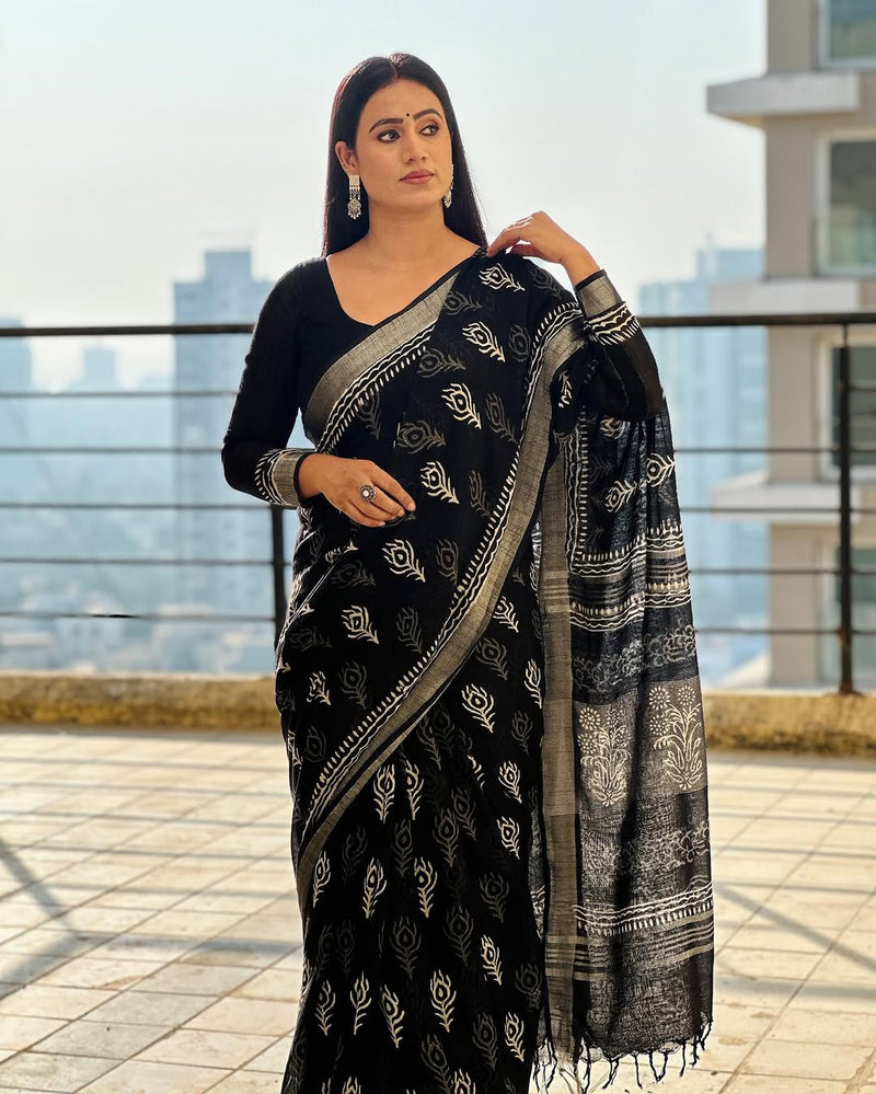 Black Hand Block Printed Lilen Saree